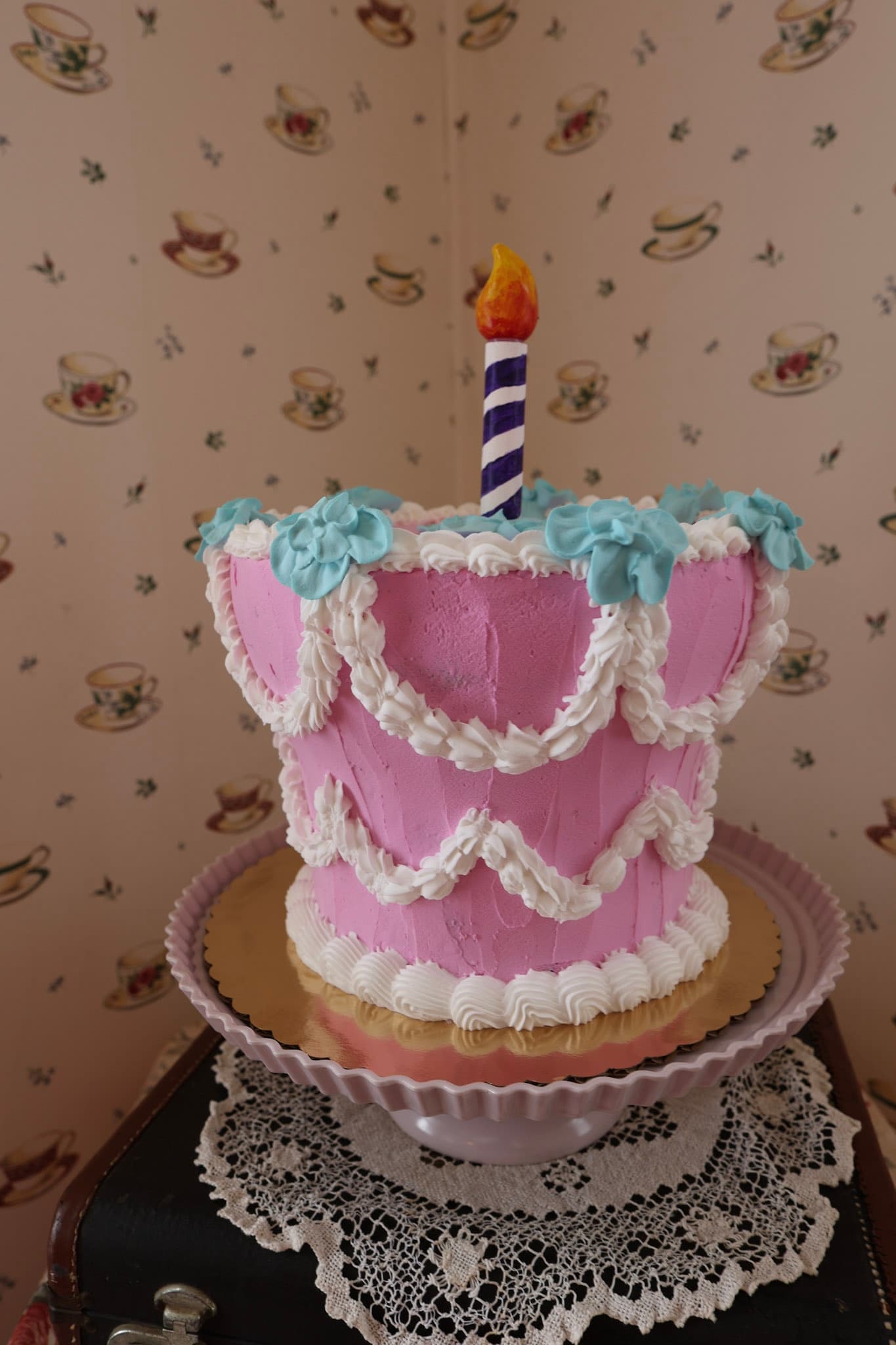 Handmade Unbirthday cake display in the Teacup Room